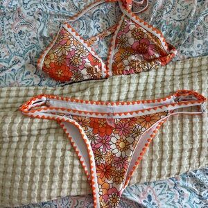 Floral Bikini Set with Orange Trim